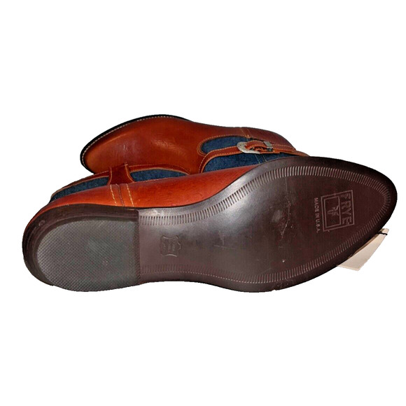 Frye Cowboy Boots Denim Brown Leather Silver Buckles Vintage Sz 8 RARE Deadstock - Picture 12 of 13